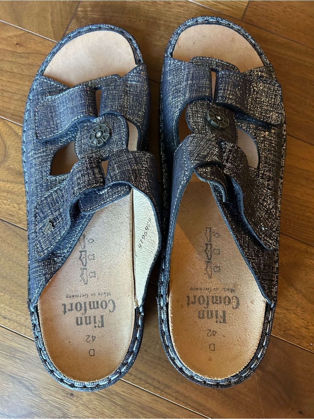 Finn Comfort Pewter/Navy Metallic Slide Sandals Size 42